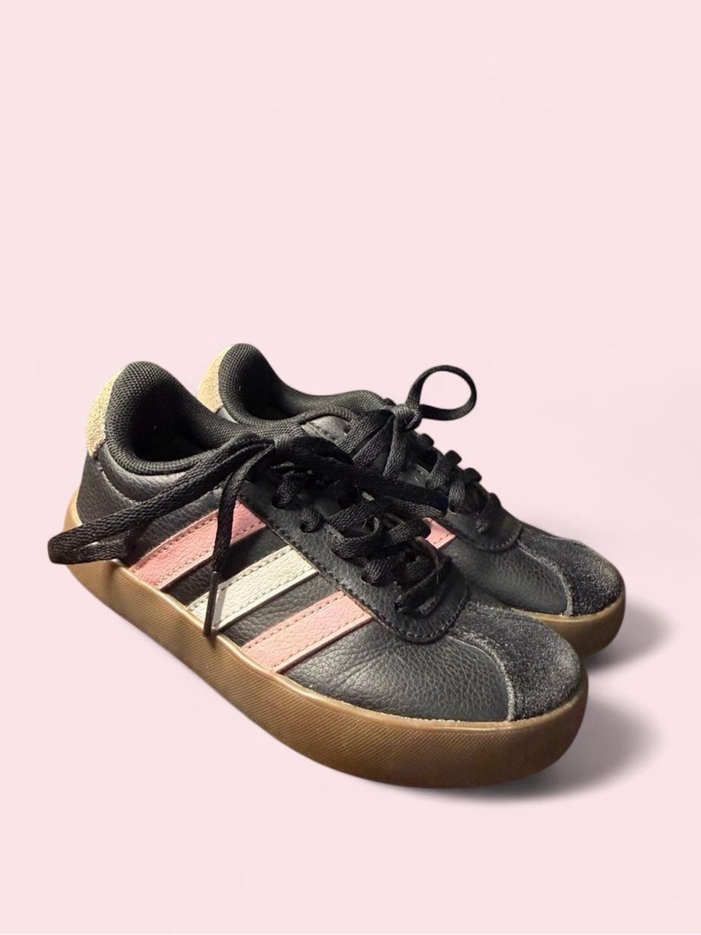 adidas Kids Black Sneakers with Pink and Cream Stripes